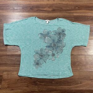 Dressbarn Pullover Short Sleeve Shirt Floral Womens Size Large Petite LP Blue